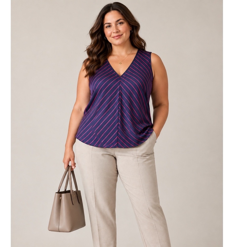Lauren Ralph Lauren Navy & Pink Striped Career Blouse Plus, 1X